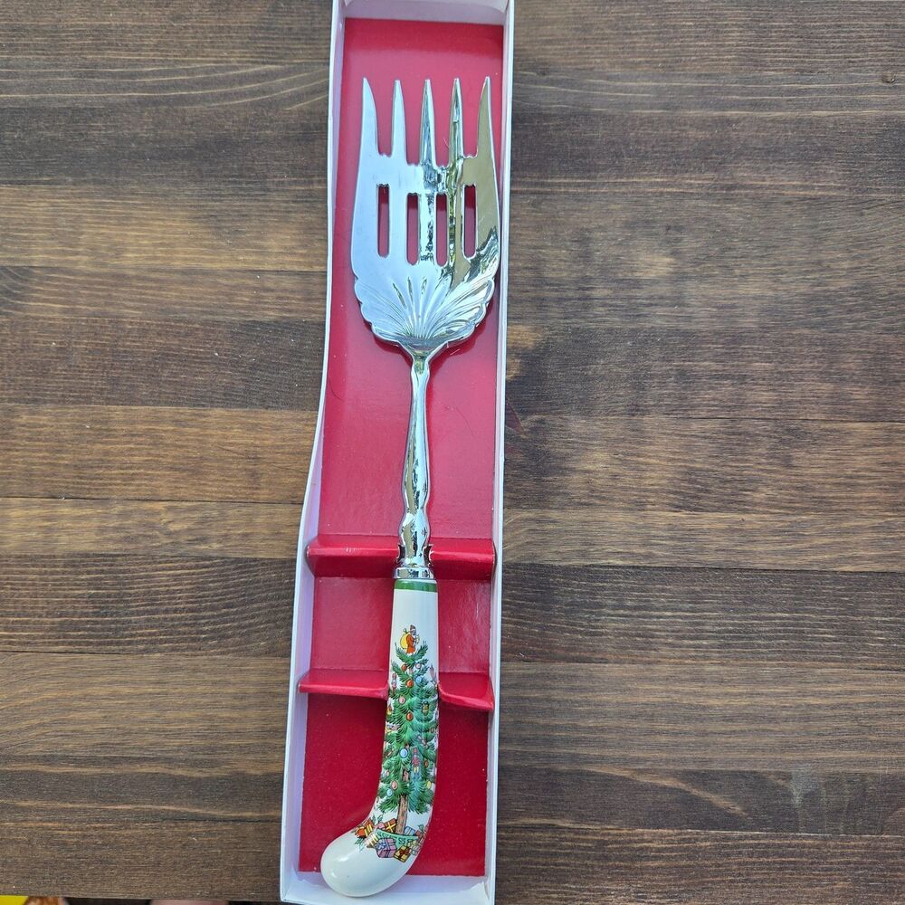 Vintage Spode Christmas Tree 11" Meat Serving Fork Ceramic Handle England